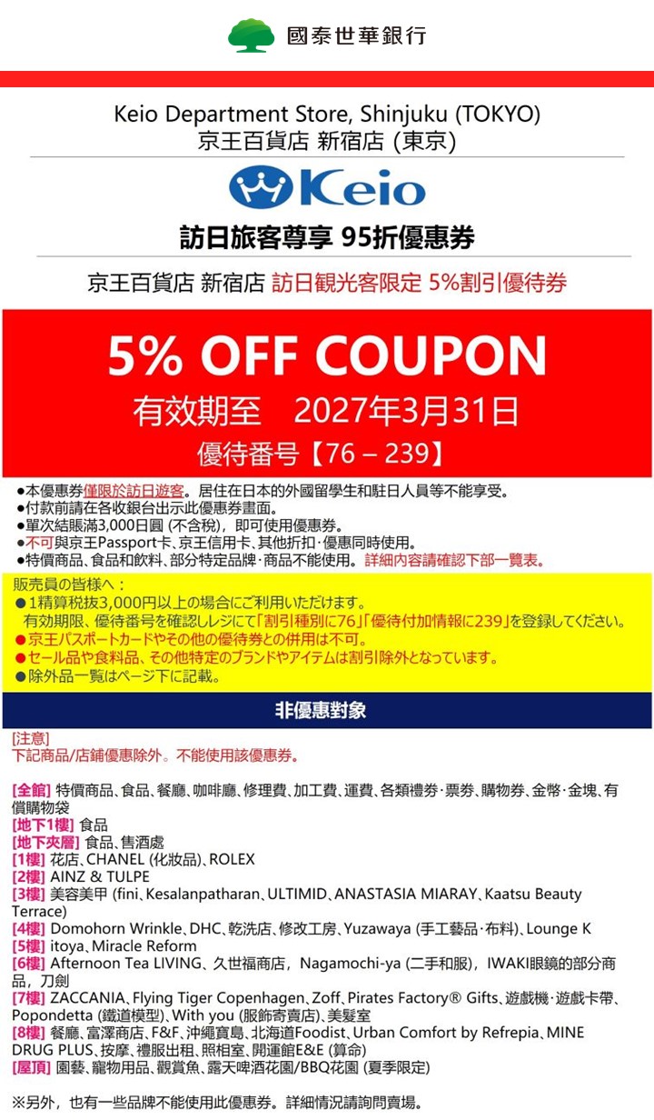 日本京王百貨 新宿店 折扣券